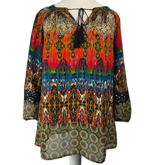 fig and flower Tops - Fig and Flower Women's M Boho Floral Blouse Multicolor 3/4 Sleeve Art to Wear